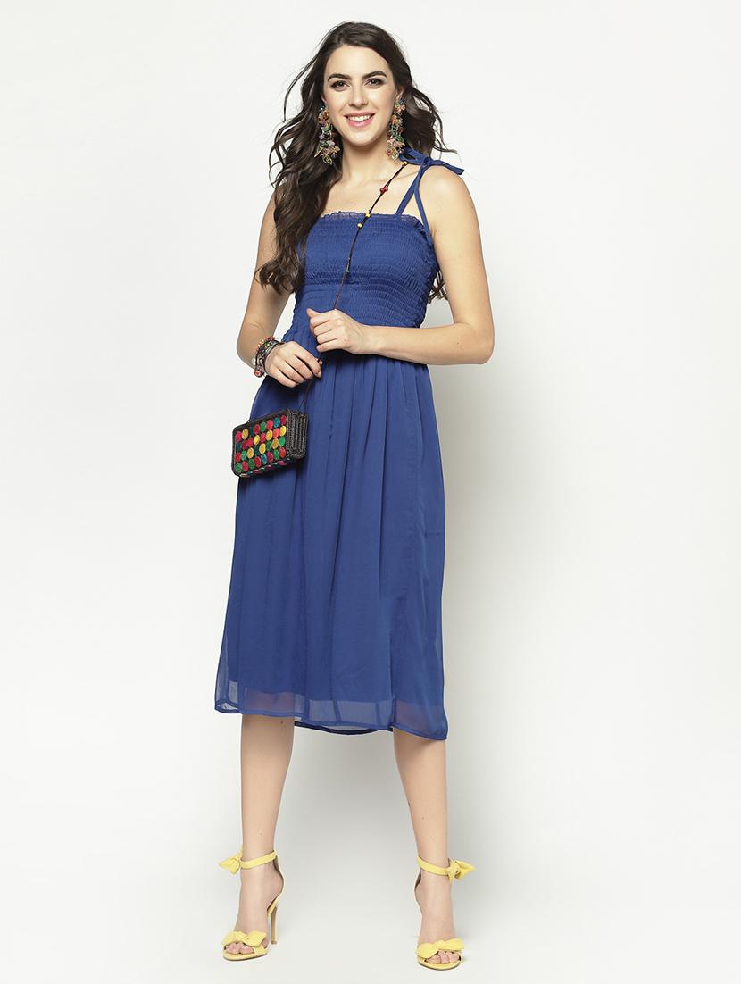 smocked detail solid midi dress - 17661252 - Standard Image - 3