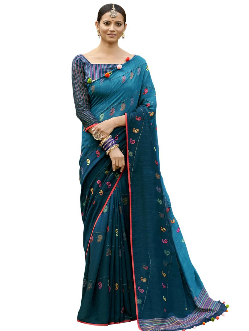 blue chanderi printed saree