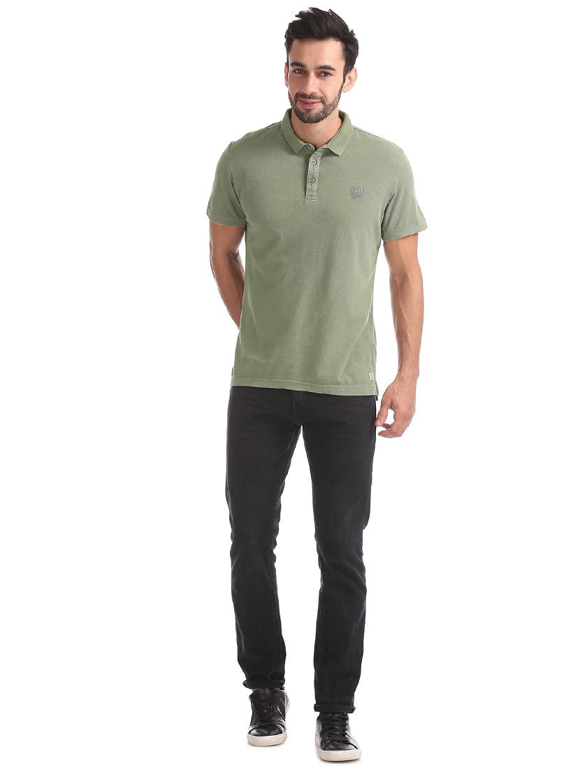 olive green solid collared t-shirt - 17662506 - Standard Image - 3