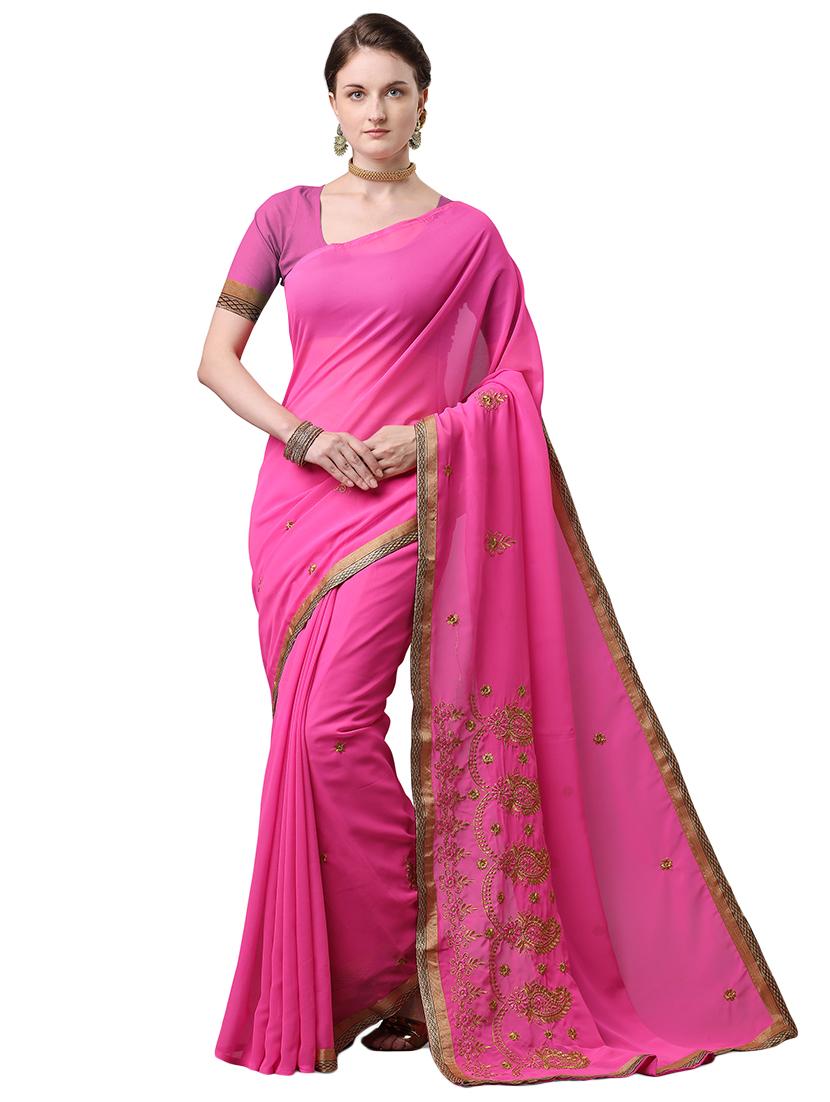 lace bordered embroidered saree with blouse - 17664502 - Zoom Image - 0