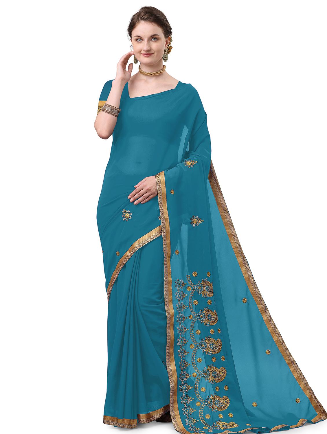 turquoise georgette embroidered saree with blouse - 17664507 - Zoom Image - 0