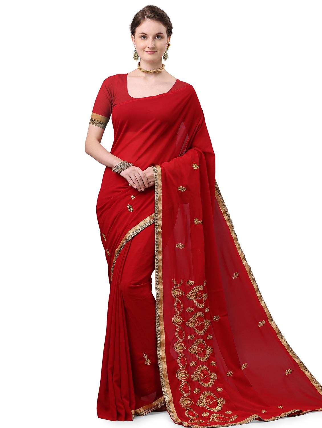 red georgette embroidered saree with blouse - 17664523 - Zoom Image - 0