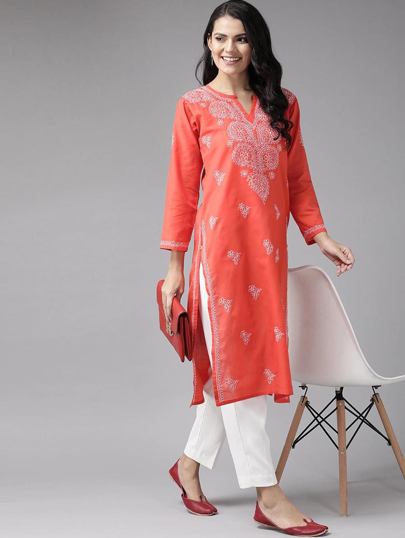 cotton orange chikankari knee length chikankari kurta - 17665891 - Standard Image - 3