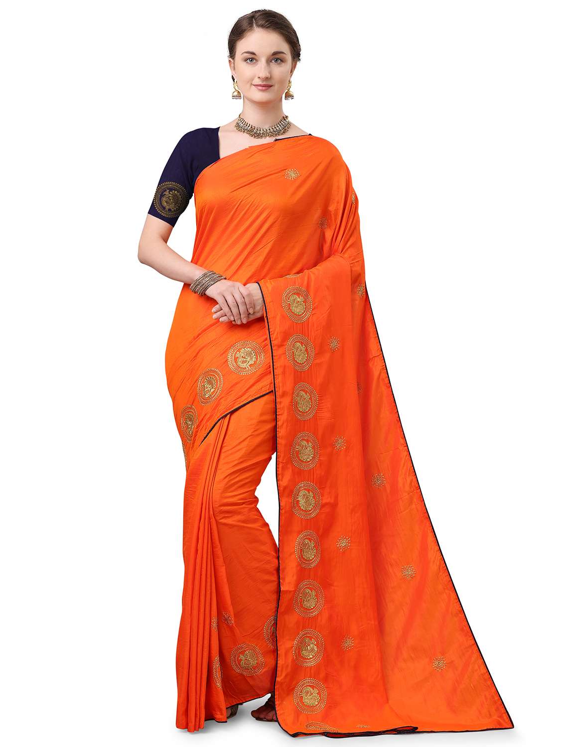 orange silk blend embroidered saree with blouse - 17665937 - Zoom Image - 0