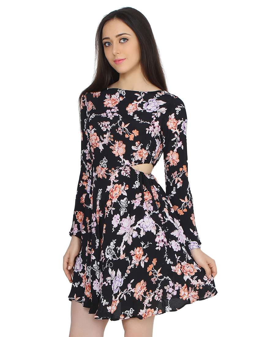 Boat Neck Floral A Line Dress