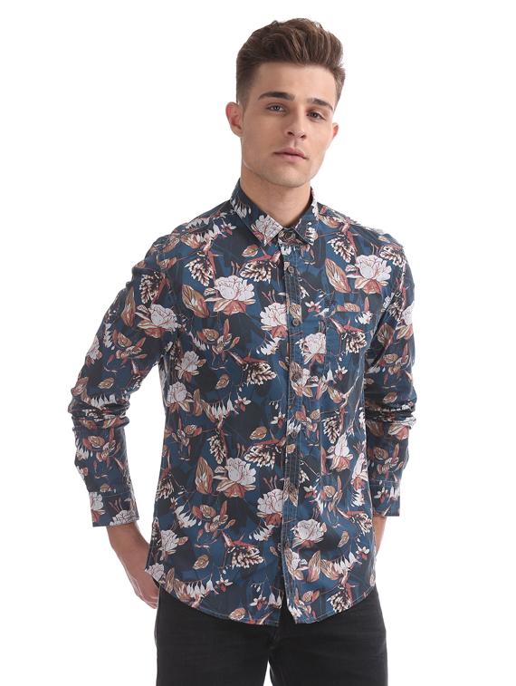 navy blue floral print casual shirt - 17668545 - Zoom Image - 0