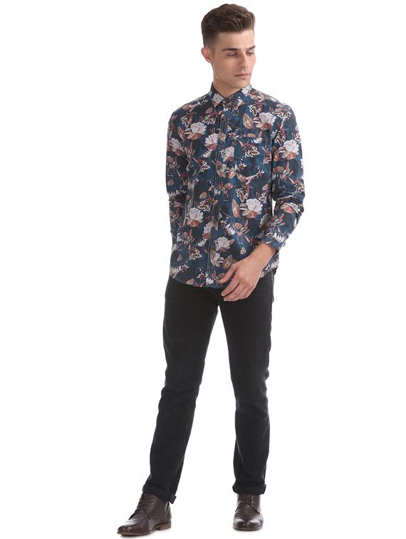 navy blue floral print casual shirt - 17668545 - Standard Image - 3