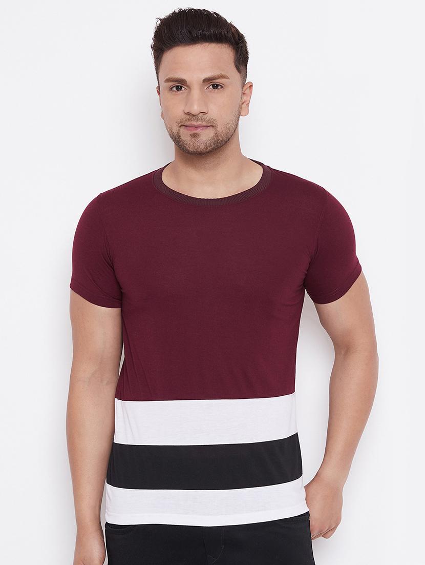 maroon color block cut & sew t-shirt - 17669499 - Zoom Image - 0