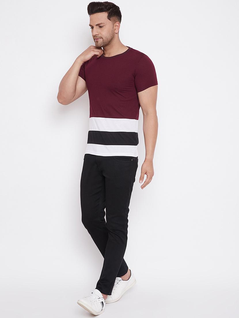 maroon color block cut & sew t-shirt - 17669499 - Standard Image - 3