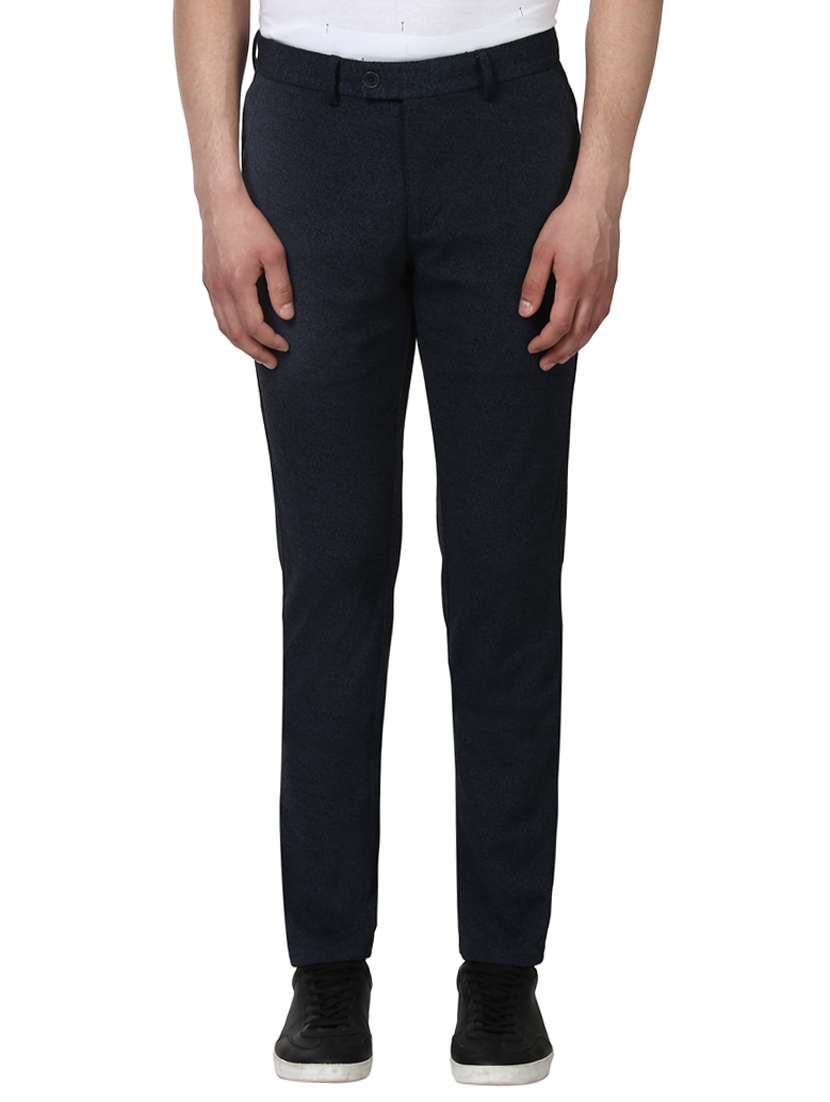 navy blue solid flat front casual trouser - 17669666 -  Zoom Image - 0