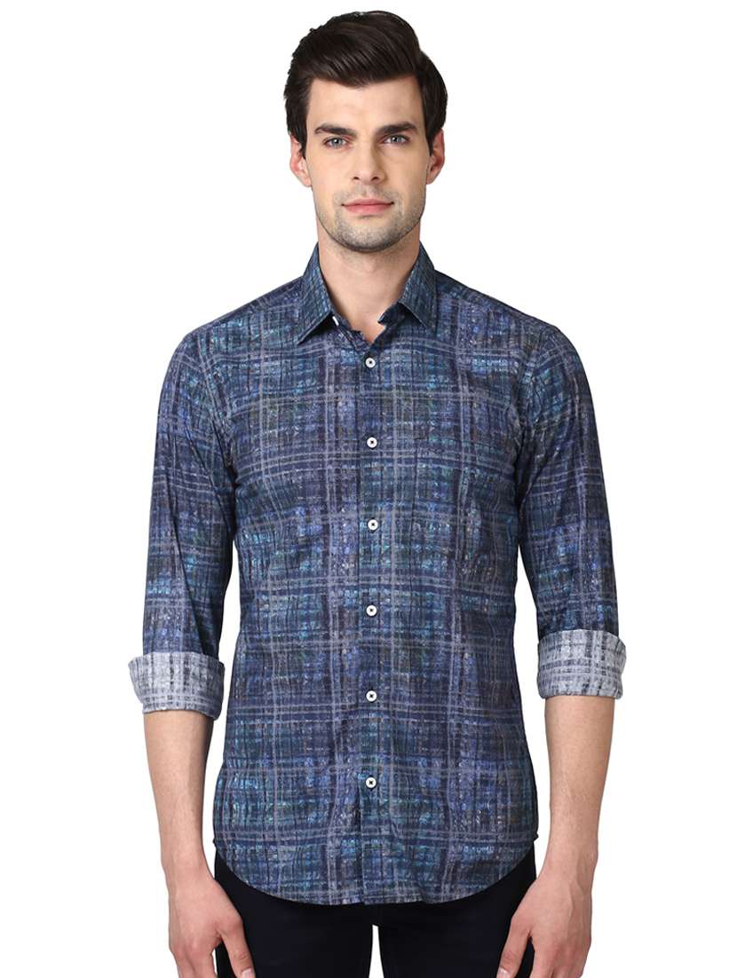 navy blue checkered casual shirt - 17669775 -  Zoom Image - 0