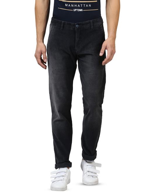 dark blue solid flat front casual trouser - 17669921 - Standard Image - 0
