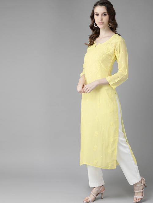 viscose knee length lemon sherbet color chikankari kurta - 17671434 -  Standard Image - 0
