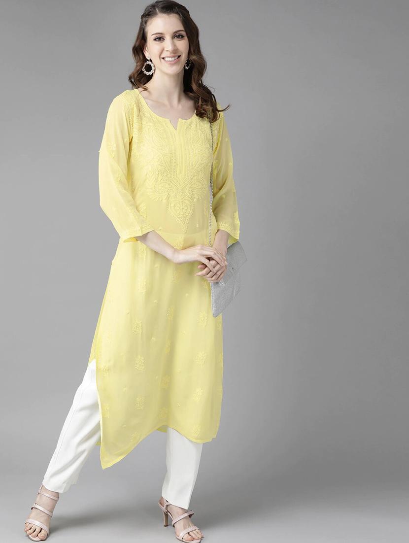 viscose knee length lemon sherbet color chikankari kurta - 17671434 - Standard Image - 3