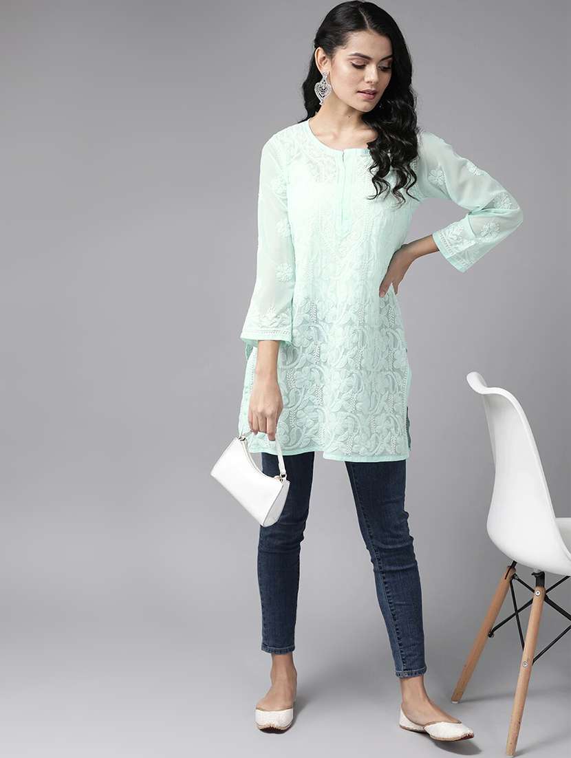 notch neck sea green chikankari kurti - 17678511 -  Standard Image - 3