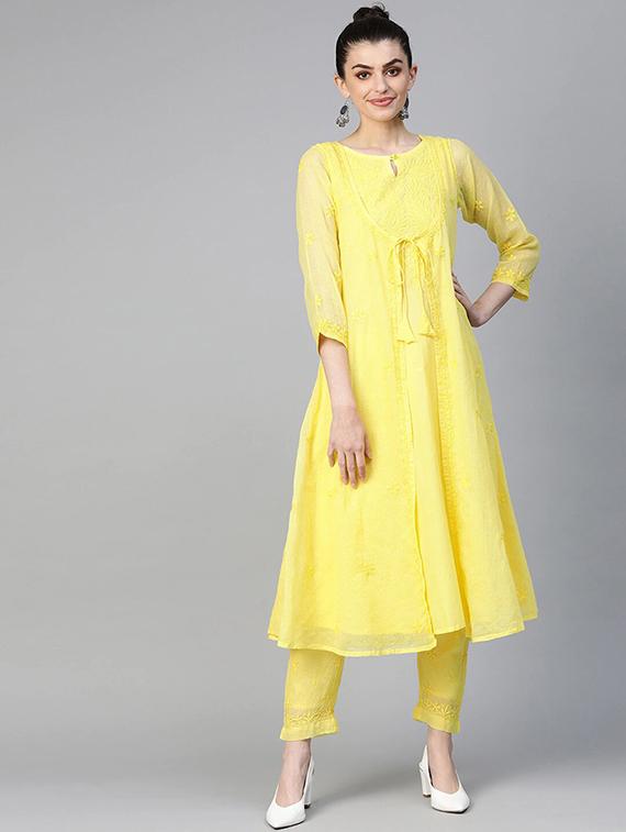 ada hand-embroidered yellow chikankari kurta pant set - 17679793 - Zoom Image - 0