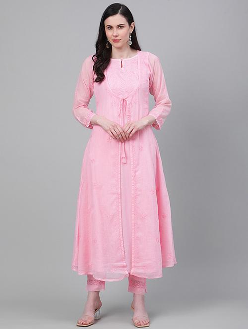 ada hand-embroidered pink chikankari kurta pant set - 17679794 - Standard Image - 0