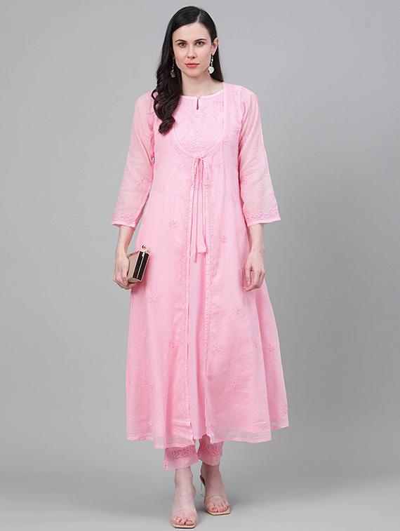 ada hand-embroidered pink chikankari kurta pant set - 17679794 - Standard Image - 3