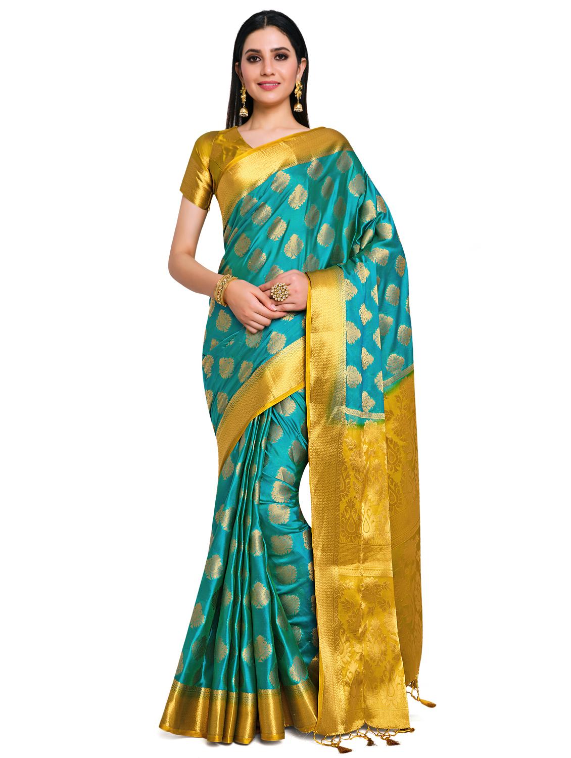 turquoise art silk kanjivaram saree with blouse - 17684578 - Zoom Image - 0
