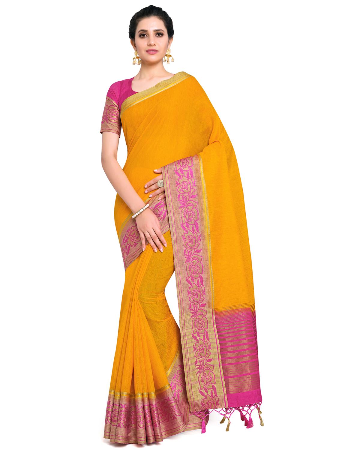 mustard linen banarasi saree with blouse - 17684596 -  Zoom Image - 0