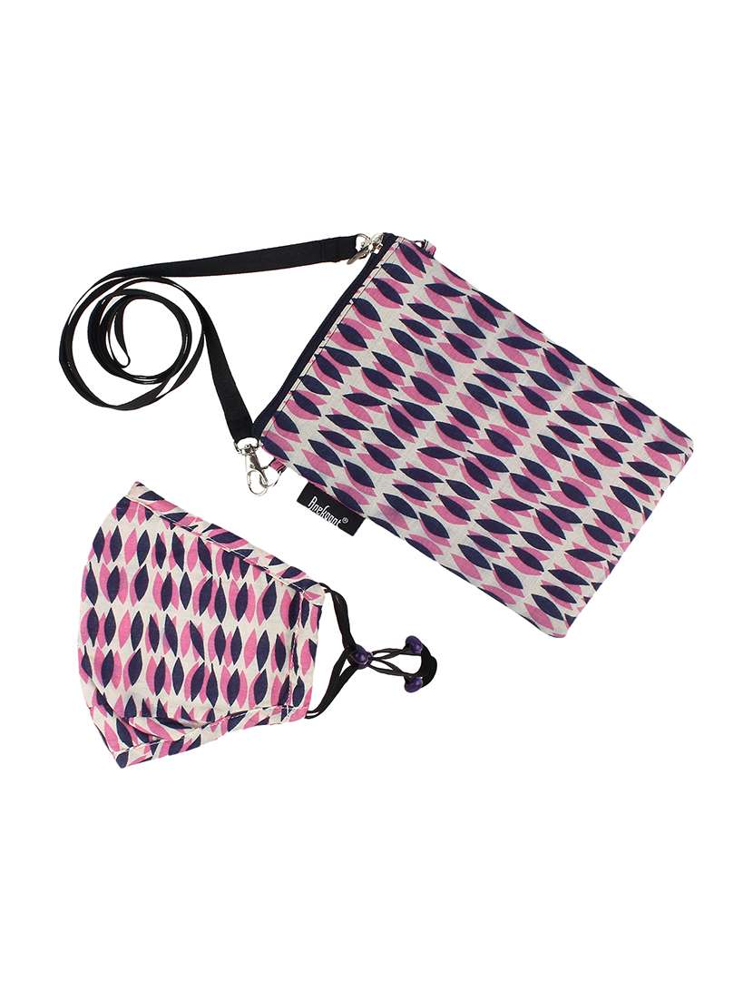 pink cotton printed women mask with mobile sling bag