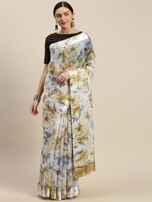 offwhite linen printed saree with blouse - 17687289 - Standard Image - 0