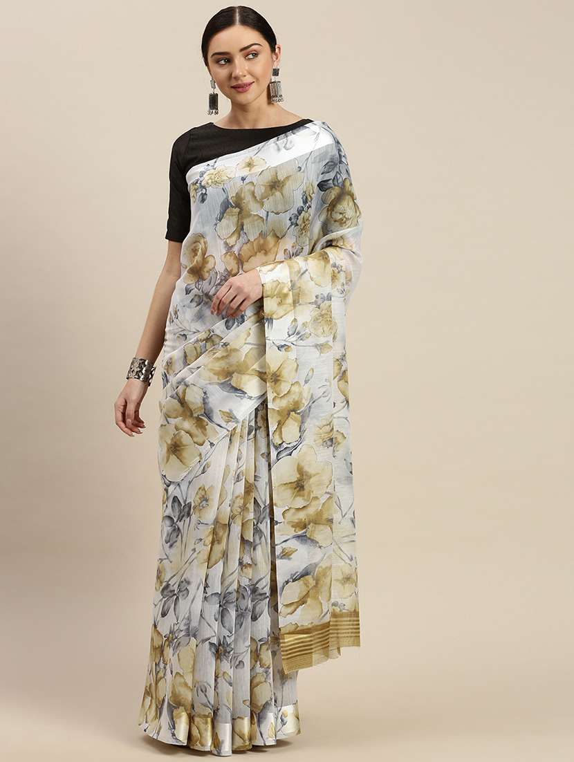 offwhite linen printed saree with blouse - 17687289 - Zoom Image - 0