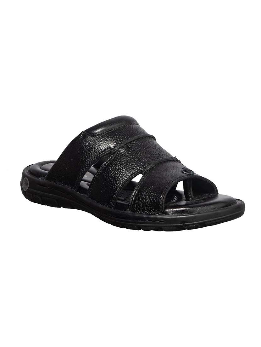 black leather slip on sandals