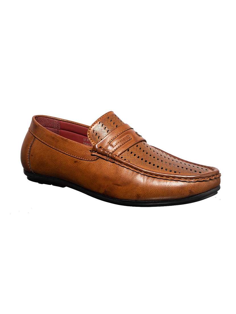 brown synthetic slip on loafers