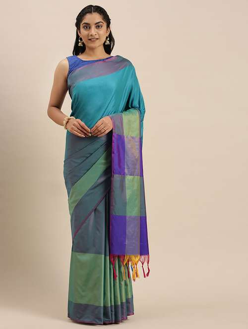 color block woven saree with blouse - 17689274 -  Standard Image - 0