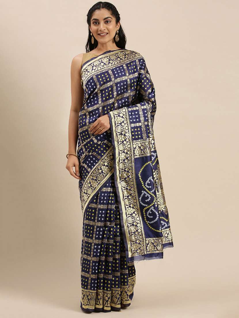 women's bandhani navy blue colored saree with blouse - 17689287 - Zoom Image - 0