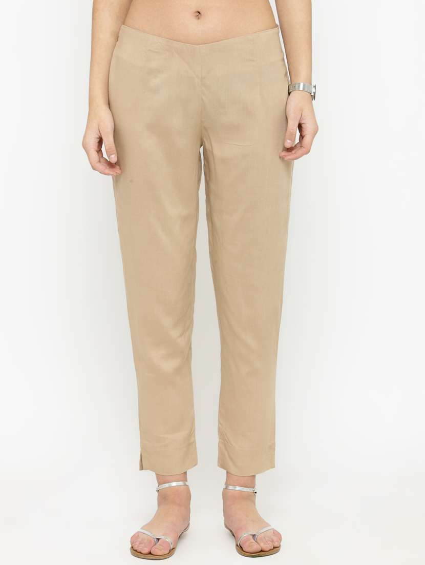 beige viscose straight tapered pant