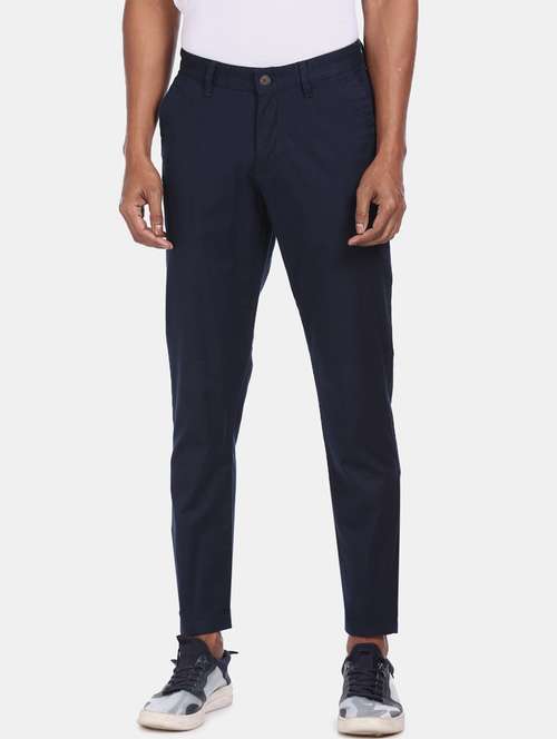 navy blue solid chinos - 17694635 - Standard Image - 0