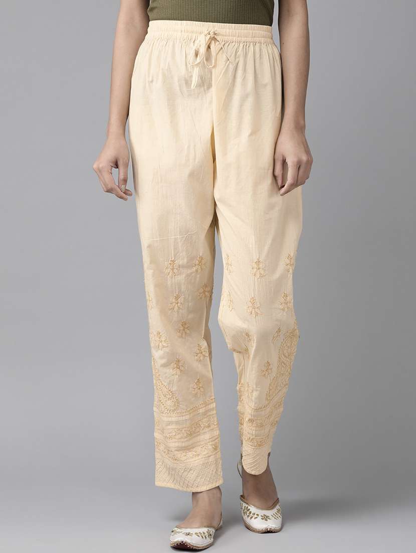 ada hand-embroidered beige chikankari tapered pant