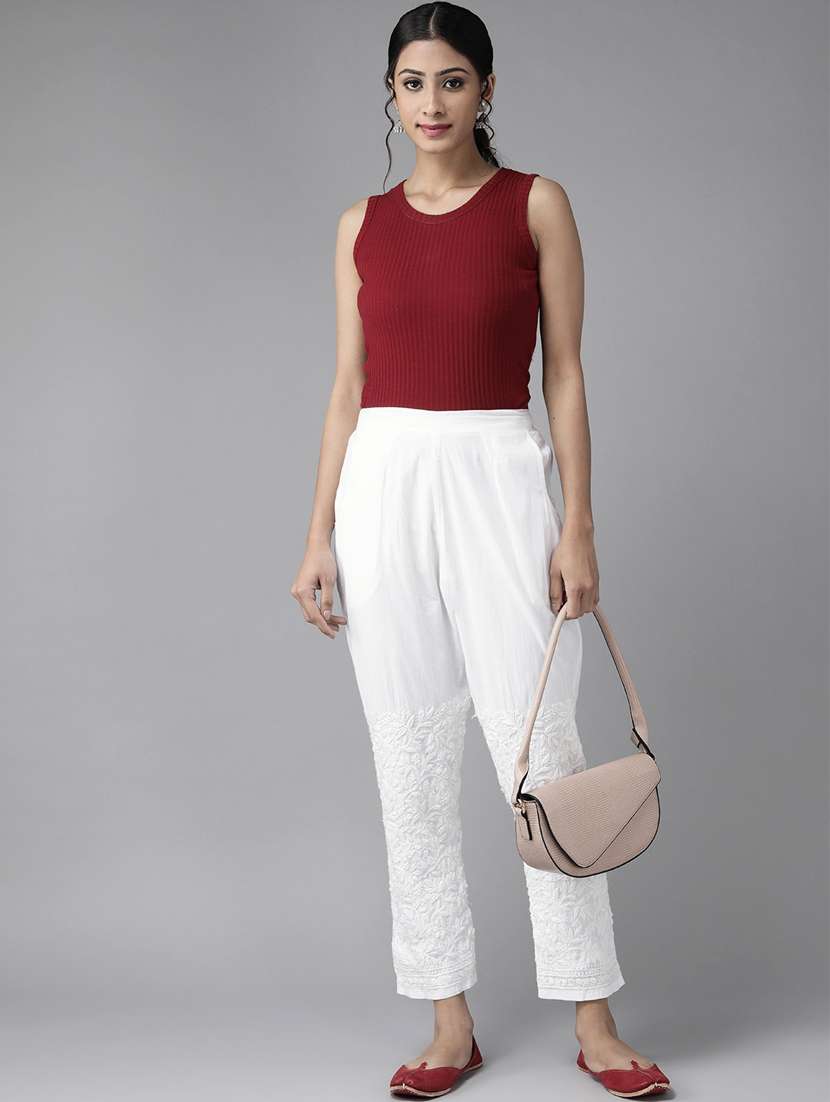 ada hand-embroidered white chikankari tapered pant - 17694803 -  Standard Image - 3