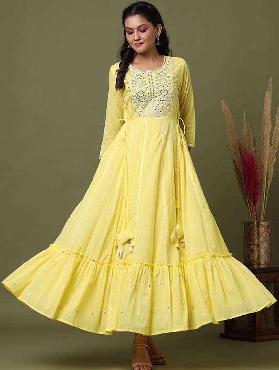 yellow cotton fit & flare gown - 17695162 -  Zoom Image - 0