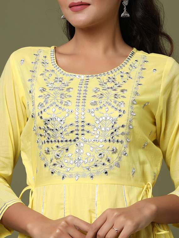 yellow cotton fit & flare gown - 17695162 - Standard Image - 3