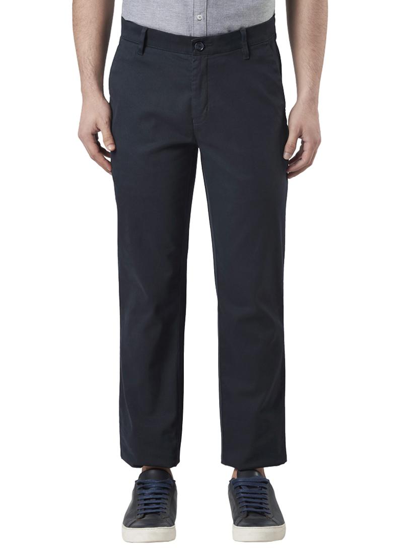 navy blue solid flat front casual trouser - 17697197 - Zoom Image - 0