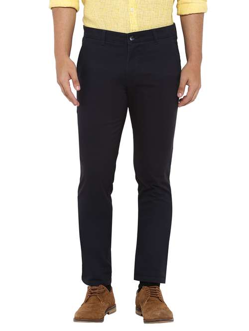 navy blue solid flat front casual trouser - 17697258 - Standard Image - 0