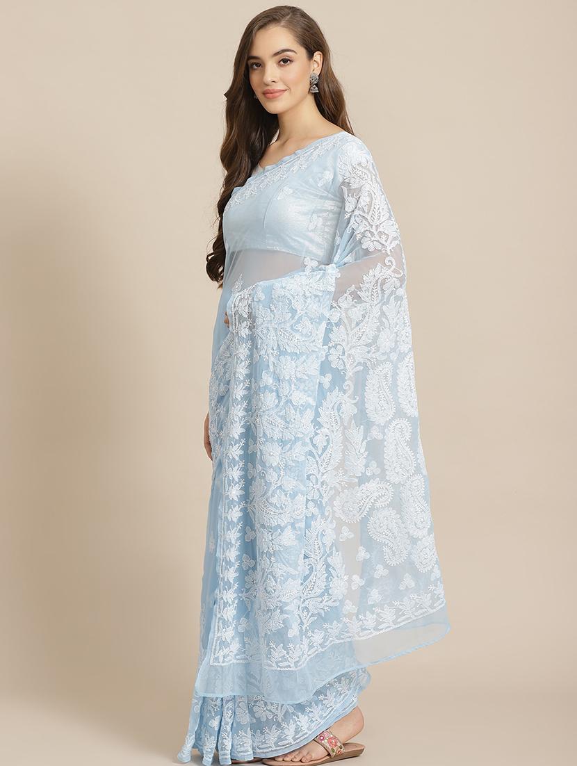 ada hand-embroidered blue chikankari saree with blouse - 17697470 - Zoom Image - 0