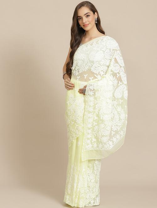 ada hand-embroidered lemon chikankari saree with blouse - 17697471 - Standard Image - 0