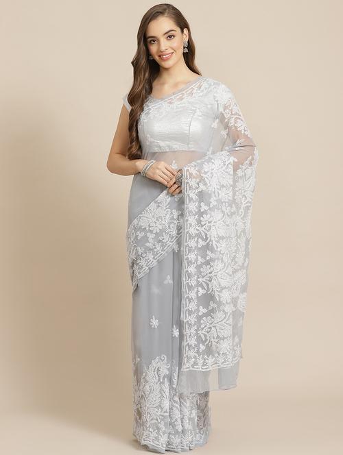 ada hand-embroidered grey chikankari saree with blouse - 17697472 -  Standard Image - 0