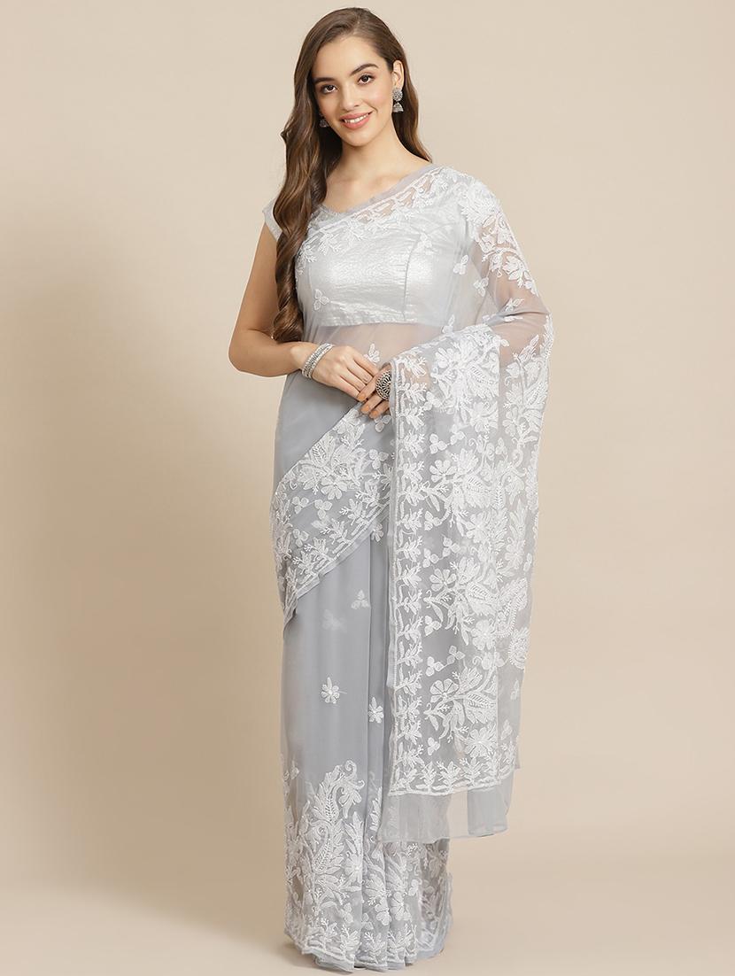 ada hand-embroidered grey chikankari saree with blouse - 17697472 -  Zoom Image - 0
