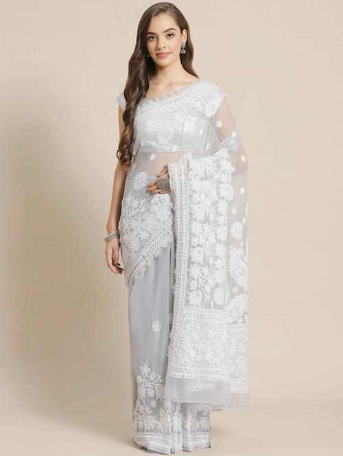 ada hand-embroidered grey chikankari saree with blouse - 17697476 -  Standard Image - 0