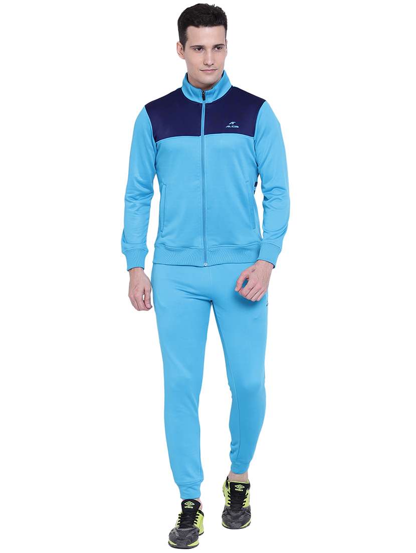blue color block track suit