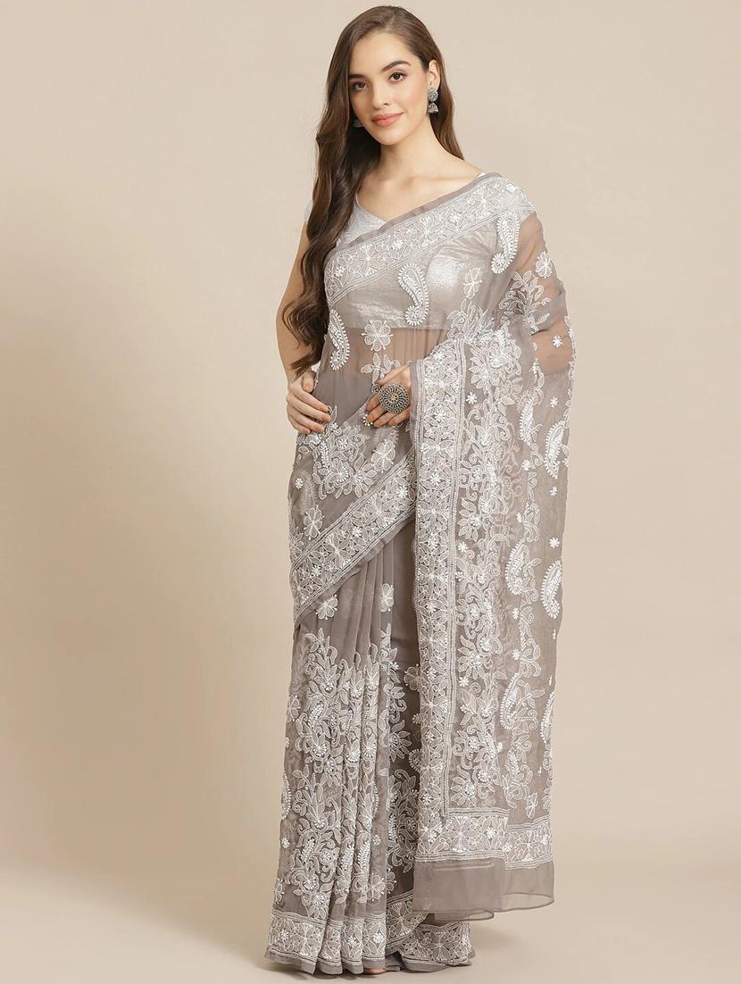 ada hand-embroidered grey chikankari saree with blouse - 17707256 -  Zoom Image - 0