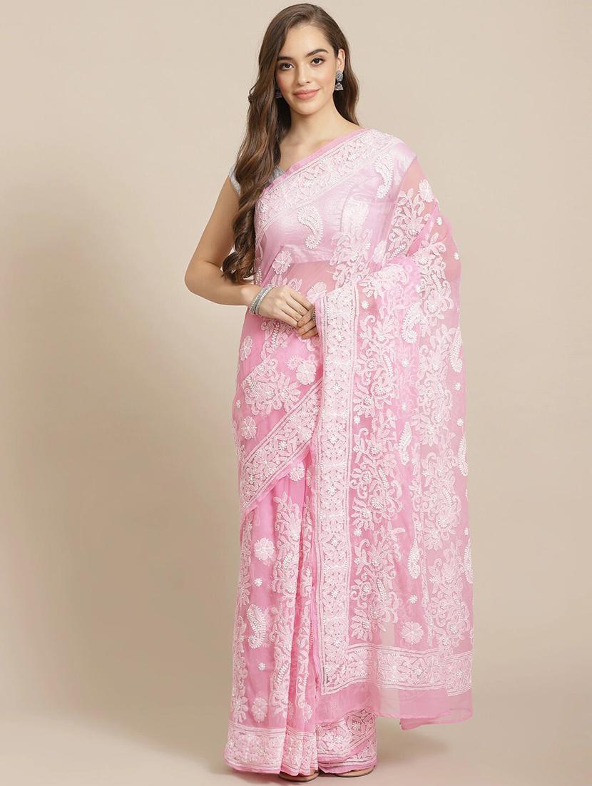 ada hand-embroidered pink chikankari saree with blouse - 17707257 - Zoom Image - 0