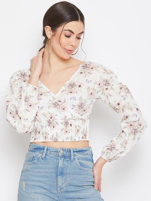 overlap neck floral crop top  - 17709297 -  Standard Image - 0