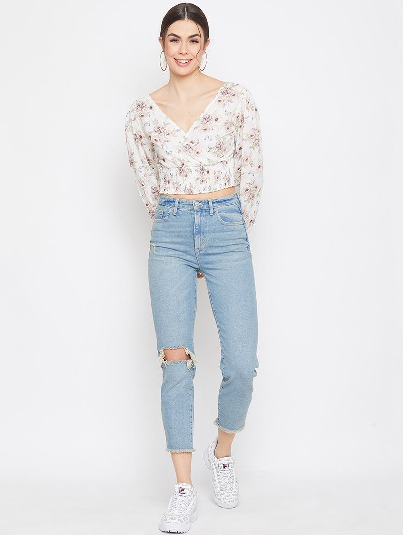 overlap neck floral crop top - 17709297 - Standard Image - 3