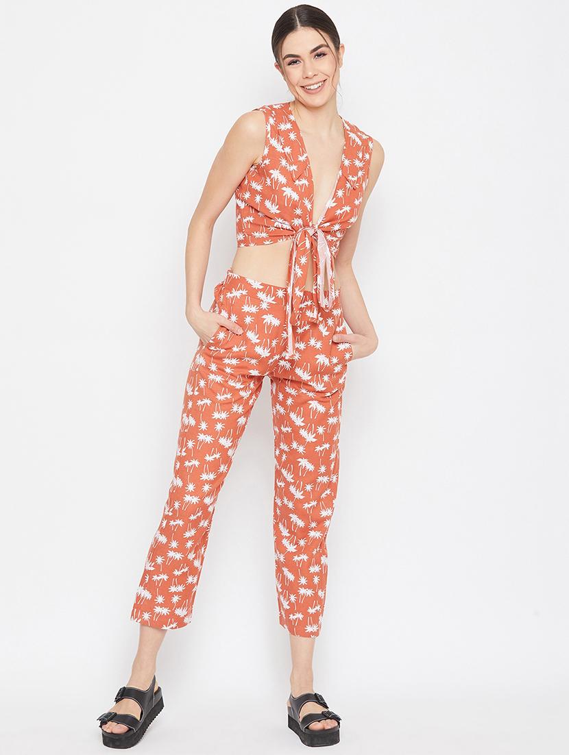 tie front tropical crop top with trouser set - 17709311 - Zoom Image - 0
